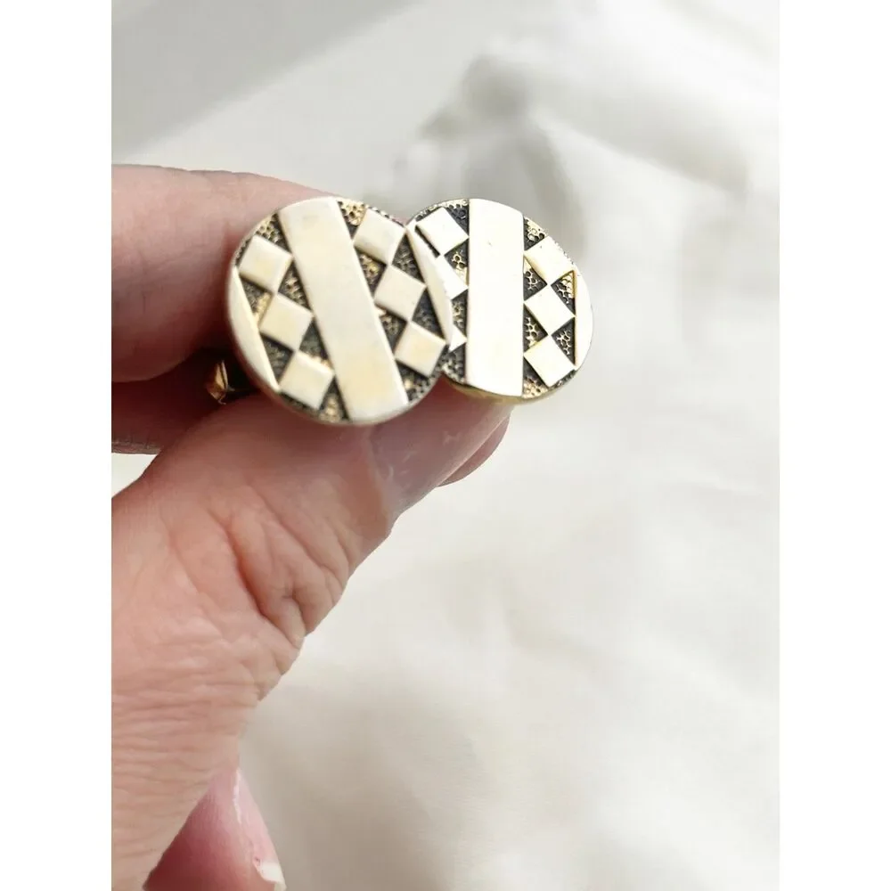 Vintage Round Cufflinks Diamond Design Light Gold Tone MCM Retro